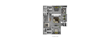 A detailed floor plan of a small apartment with a kitchen, living room, and bedroom.