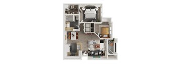 A 3D floor plan of a house with a kitchen, living room, and bathroom.