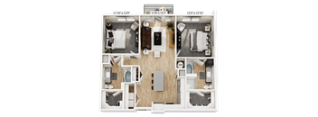 A floor plan of a house with a living room, kitchen, and two bedrooms.