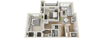 A 3D floor plan of a small apartment with a kitchen, living room, and bathroom.