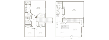 A floor plan of a house with two bedrooms, an office, a bathroom, a kitchen, a pantry, a dining room, and a garage.