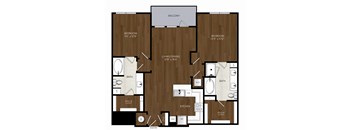 A floor plan of an apartment with two bedrooms, a living/dining area, a kitchen, a bathroom, a walk-in closet, and a balcony.