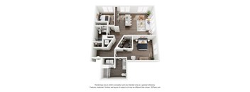 a stylized floor plan with a bedroom and a living room
