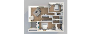 a 3d rendering of a bedroom house with a bathroom and a living room