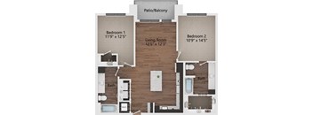 A floor plan of a home with two bedrooms and a living room.