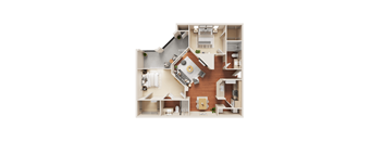 A 3D floor plan of a house with a kitchen, living room, and bathroom.