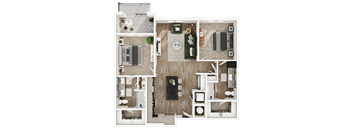 A detailed 3D floor plan of a modern apartment layout.