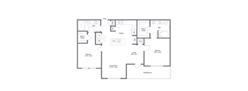 A floor plan of a house with a living room, dining room, kitchen, two bathrooms, a bedroom, and a pantry.
