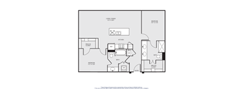 A floor plan of a home with a living/dining area, kitchen, bathroom, and two bedrooms.