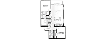 A black and white image of a house floor plan with two bedrooms, a living area, a pantry, a wine cellar, a utility closet, and two bathrooms.