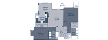 A floor plan of a house with a kitchen, living room, two bedrooms, a bathroom, and a patio.