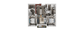 A top-down view of a small apartment with a kitchen, living room, and bathroom.
