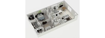 A 3D rendered image of a house layout.