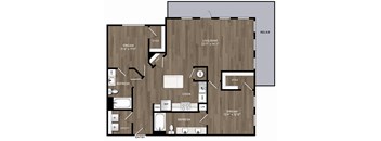 A floor plan of a house with a living room, kitchen, and bathroom.