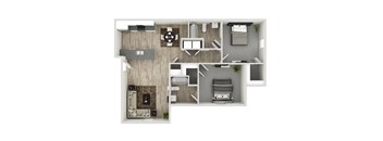 A top-down view of a modern apartment layout with a kitchen, living room, and bedroom.