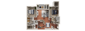 A detailed 3D floor plan of a small apartment layout.
