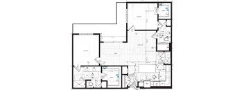 A detailed black and white floor plan of an apartment with various rooms and measurements.