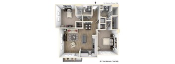 A floor plan of apartment B2 with two bedrooms and two bathrooms.