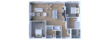 A top-down view of a small apartment with a living room, kitchen, and bedroom.