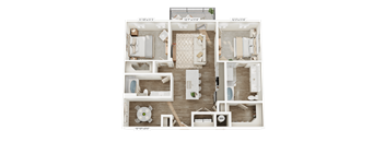 A detailed 3D floor plan of a house layout.