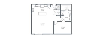 A black and white image of a floor plan for a home with a kitchen, living room, and two bedrooms.