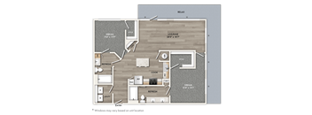 A floor plan of a house with a living room, dining room, kitchen, and two bedrooms.