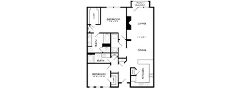 A black and white image of a floor plan for a house with a living room, dining room, kitchen, and two bedrooms.