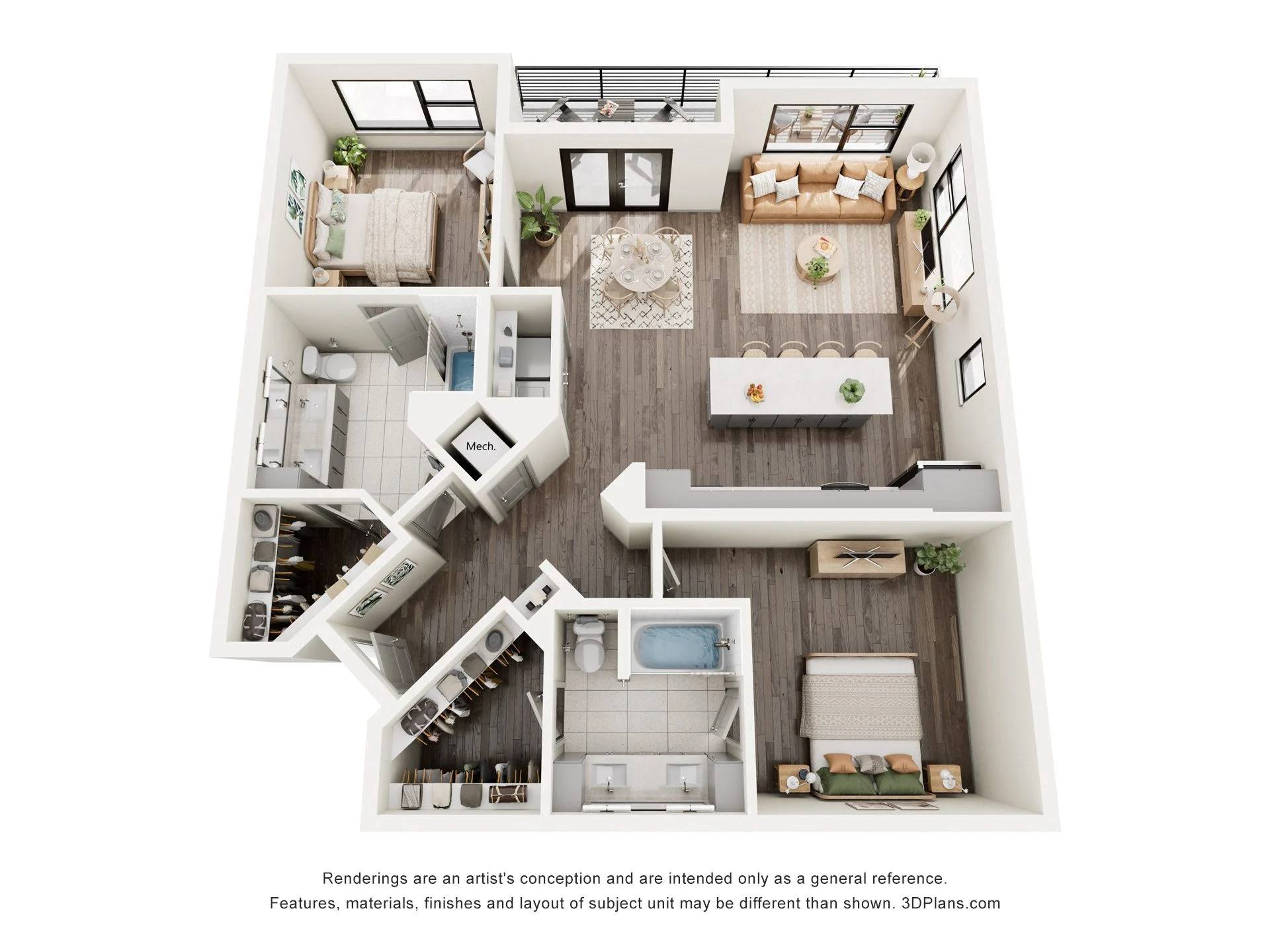 A 3D floor plan of a house with a kitchen, living room, and bedrooms.