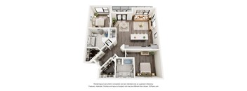 A 3D floor plan of a house with a kitchen, living room, and bedrooms.