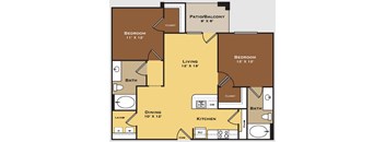 A floor plan of a house with a living room, dining room, kitchen, two bedrooms, a bathroom, and a patio/balcony.