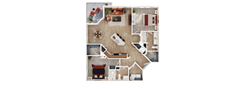 A top-down view of a house layout with a living room, kitchen, and bathroom.