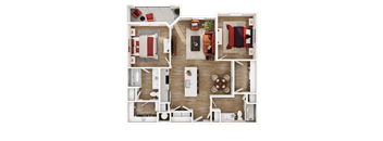 A top-down view of a house layout with a living room, kitchen, and two bedrooms.
