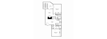 A floor plan of a small apartment with a living room, dining room, kitchen, and two bedrooms.