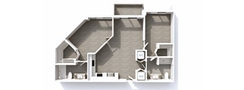 A 3D floor plan of a house with labeled rooms.