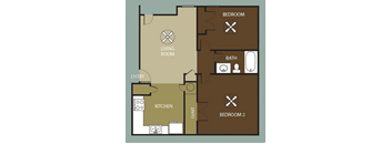 A floor plan of a house with a living room, kitchen, two bedrooms, and a bathroom.