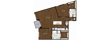 A floor plan of a house with a balcony and two bedrooms.