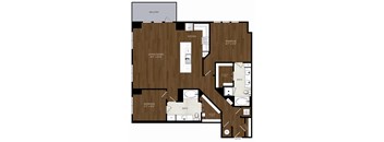 A floor plan of an apartment with a living area, kitchen, two bedrooms, and a bathroom.