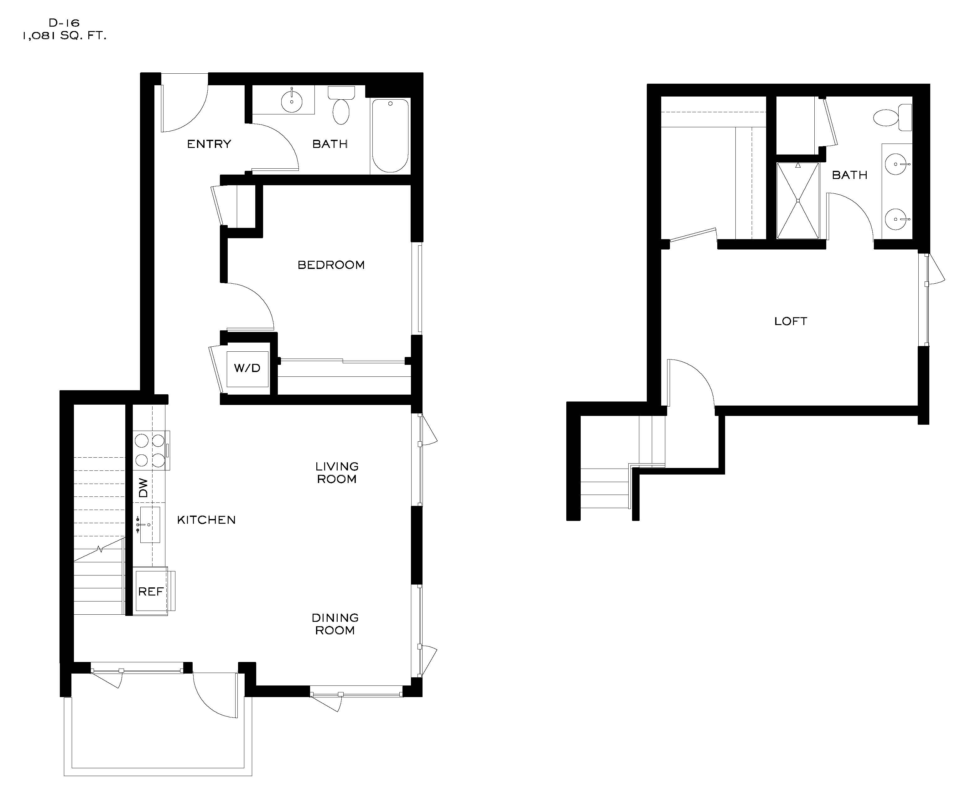 A floor plan of a one bedroom apartment.