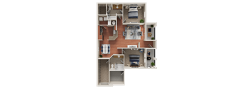 A detailed 3D floor plan of a small apartment layout.