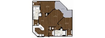A floor plan of a house with a living room, dining room, kitchen, and three bedrooms.