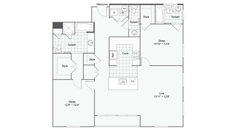 the 2021 floor plan of a 1 bedroom apartment in the residences atrium