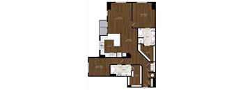 A floor plan of an apartment with a living room, dining room, kitchen, and three bedrooms.