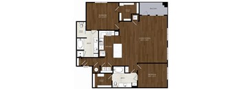 A floor plan of a house with two bedrooms, a living area, a kitchen, a bath, and a balcony.