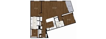 A floor plan of a house with a living room, two bedrooms, a bathroom, a kitchen, and a balcony.