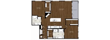 A floor plan of a house with two bedrooms, a living area, a bathroom, a kitchen, a dining area, a coat closet, and a balcony.