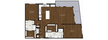 A floor plan of a house with a living room, dining room, kitchen, and bathroom.