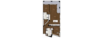 A floor plan of a house with a balcony, two bedrooms, a bathroom, a kitchen, and a dining area.