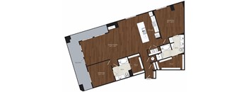 A floor plan of a house with a kitchen, living room, and bathroom.