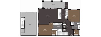 A floor plan of a house with a garage, living room, kitchen, and two bathrooms.
