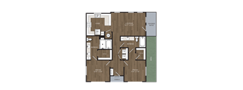 A floor plan of a house with a kitchen, two living areas, a dining area, two bathrooms, and an entry porch.